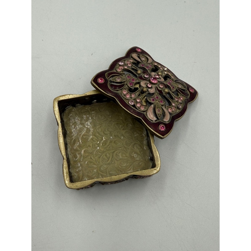 Vintage Style Filigree Trinket Box Burgundy Enamel Pink Rhinestone Jewelry Case